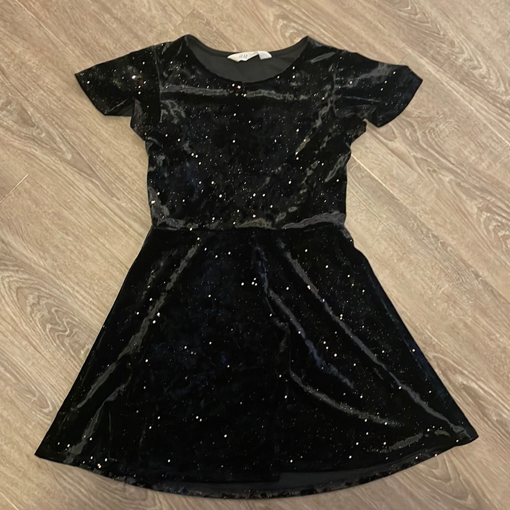 Girls H&M Black velvet with gold sparkles dress